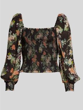 Alice + Olivia Black Floral Smocked Blouse